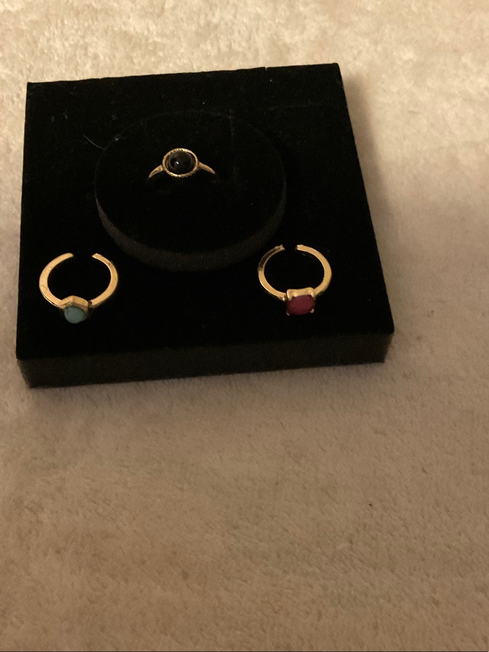 Gold-Tone Triple Stacking Ring Set with Turquoise, Ruby and Onyx Accents
